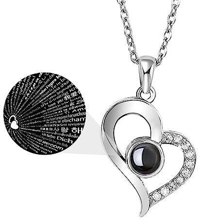 Emibele Kette Damen mit Ich Liebe Dich in 100 Sprachen, Halskette mit Herzförmigem Anhänger, Vergoldete Halskette Damen, Geschenke für Frauen, Schmuck Damen als Personalisierte Geschenke, Silber