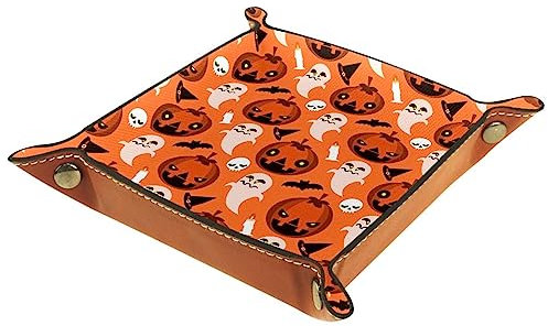 Aufbewahrungsbox für Halloween, Kürbis, Schlüssel, Münzen, Süßigkeiten, Rollen, Würfel, Spiele, Tablett, Leder, quadratisch, Schmucktabletts