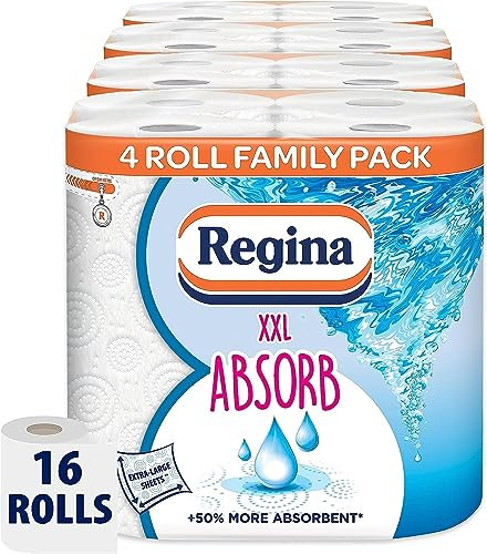 Regina XXL Absorb Kitchen Towels – 16 Rolls Per Pack, Super Absorbent 2-ply sheets, 75 Extra-large Sheets Per Roll, 50% More Absorbent Than Previous XXL Products, Easy Open Pack, 60% PCR Plastic