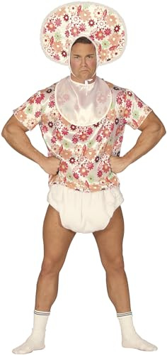 FIESTAS GUIRCA | Adult Baby Fancy Dress - Bib, Shirt, Bonnet and Nappy - Stag Do, Fancy Dress Parties and Celebrations - Ideal for Adult Men - White and Multicolour