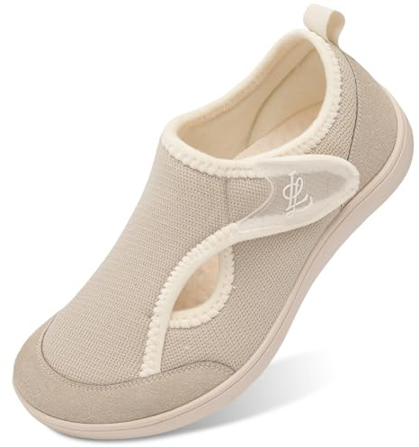 LeIsfIt Womens House Shoes Adjustable Diabetic Slippers Wide Arthritis Edema Barefoot Shoes Indoor Outdoor Slippers Beige Size 8
