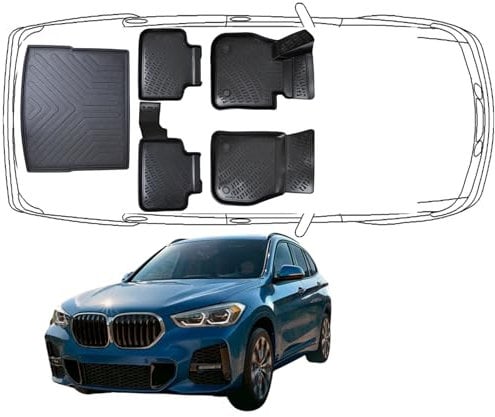 Trimak Passgenau 3D Fussmatten & Kofferraumwanne Auto Set Kompatibel mit BMW X1 F48 2015-2022 Auto Zubehör Gummimatten & Kofferraummatte Autos TPE Allwetter Geruchlos rutschfest Schwarz