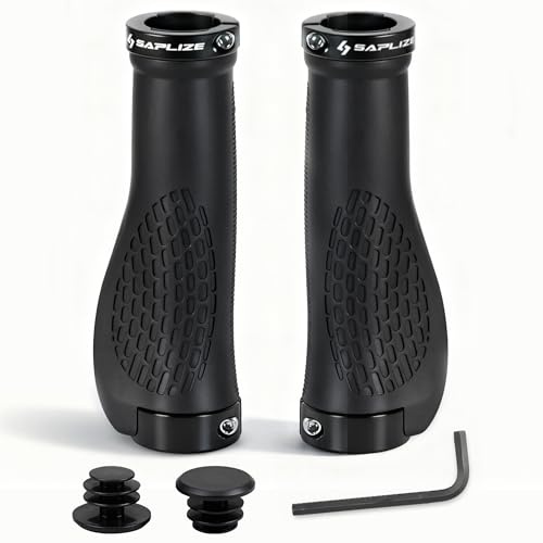 SAPLIZE Bike Grips, Ergonomic Design Bicycle Grips Widen Holding Rubber Bike Handlebar Grips with Aluminum Lock for Mountain Road MTB (Black, Black Rings)
