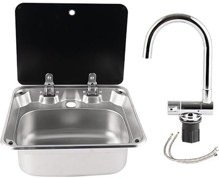 Évier Camping Car, Evier Inox, Kit D'évier de Camping-car, Petit Évier Extérieur de Camping-car avec Robinet Chaud et Froid Pliable