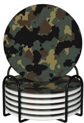 Runde Keramik-Kork-Untersetzer, 6 Stück, Camouflage-Muster, rutschfester Korkboden, passend für alle Kaffeetassen, Sportbecher und -becher