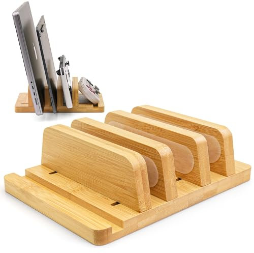 ROCDEER Bamboo Vertical Laptop Stand - Adjustable Triple Dock (0.7 to 4.7) - 4-in-1 Heavy Duty Desk Organizer for Laptops, Tablets, Phones, and Mac Mini - Quick Assembly with Non-Slip Silicone Mats