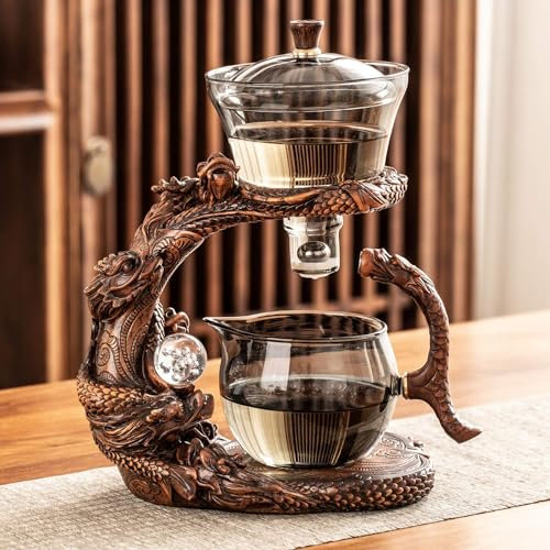 Glas-Teekannen-Set mit Teesieb, halbautomatisches Drachen-Teeservice (Walnuss-Teekanne)