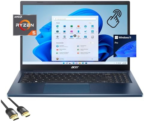 acer Ordinateur portable Aspire 3 fin et léger, écran tactile FHD IPS de 15,6, AMD Ryzen 5 7520U 4 cœurs (jusqu'à 4,3 GHz), 8 Go de RAM, SSD PCIe de 1 To, WiFi 6, webcam, clavier, HDMI, USB-C, câble