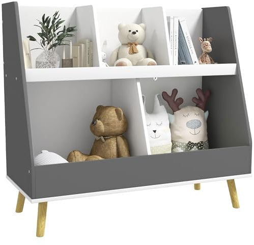 HOMCOM Kids Storage Shelf, 2-Tier Kids Book Shelf with 5 Compartments, Anti-Tip Device, Pine Wood Legs, for Nursery, Playroom, Classroom - Grey