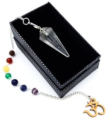 Edelstein Pendel Bergkristall 7 Chakra Edelsteine Mantra Om Aum Symbol in Schmuckschachtel | Metaphysik Esoterik Hexerei