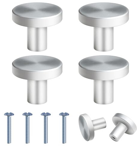 4 Silver Drawer Knobs, Round Cabinet Door Knobs Matte Black Kitchen Cupboard Knob Modern Single Hole Door Handles with Screws for Cabinet Cupboard Wardrobe Drawer Bedroom Bathroom Rack Furniture(25mm)