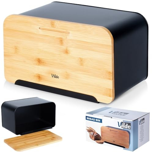 Vilde - Brotkasten - Brotbox - Brotbehälter aus Metall mit Bambusbrett - Bread box - Brot aufbewahrungsbox - schwarz - 35x22x20,5 cm