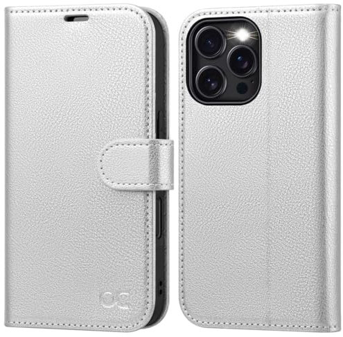 OCASE for iPhone 16 Pro Case, PU Leather Wallet, Magnetic Flip Folio Cover with RFID Blocking, Card Holders, Shockproof TPU, and Kickstand for 6.3 Inch iPhone 16 Pro (2024), Silver