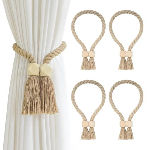 Magnetische Vorhang Raffhalter, 4 Stück Gardinenhalter Vorhanghalter, Gardinen Raffhalter, Raffhalter Magnetisch, Boho, Baumwollseil, Raffhalter für Gardinen Home Büro Gardinen Deko