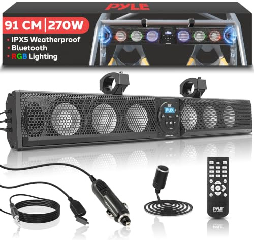 Pyle 91.4 cm Marine Sound Bar Lautsprechersystem für ATV/UTV mit Bluetooth, 270W Spitzenleistung, eingebauter Verstärker, 6x4 Tieftöner, 2x1 Höhen, Fernbedienung, USB/AUX-Eingang, Lenkerhalterung