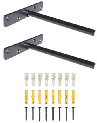 Premium Heavy Duty Floating Shelf Brackets - Solid Steel Wall Mounted Bracket for Concealed Shelves with Screws & Wall Plugs for Drywall & Concrete Wall - Invisible Hidden Supports (2 Pcs, Black)