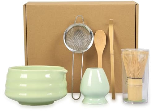 Hniuyun 6Pcs Matcha Whisk Set - Handmade Bamboo Matcha Whisk, Tea Spoon, Matcha Scoop, Tea Sifter, Whisk Holder, Bowl with Spout, Matcha Accessory - Traditional Japanese Matcha Tea Making Kit