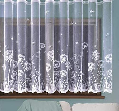 MforStyle White Net Curtain Floral design DANDELIONS - READY TO HANG - HEMMED SIDES - SLOT TOP - MANY SIZES - (selected curtain: 2.5 Metres Width, DROP: 95 (240cm)