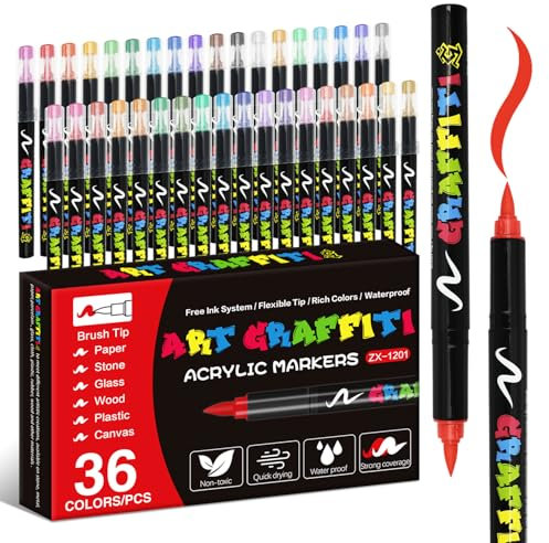 Alitastro Paint Pens Acrylic Markers - 36 Colors Brush Tip Water Based Marker Pens for Rock Painting, Wood, Ceramic, Glass, Acrylic Paint Markers for Christmas Easter Egg Pumpkin Making