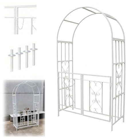 LJDJRHXH Rosenbogen Mit Tor, Metallbogen Mit Tür, Stabile Rankhilfe Für Kletterpflanzen, W 114 cm H 210 cm Wetterfestes Torbogen Rankgitter, Perfekter Rankbogen Für Rosen Und Gartendekor(Weiß)