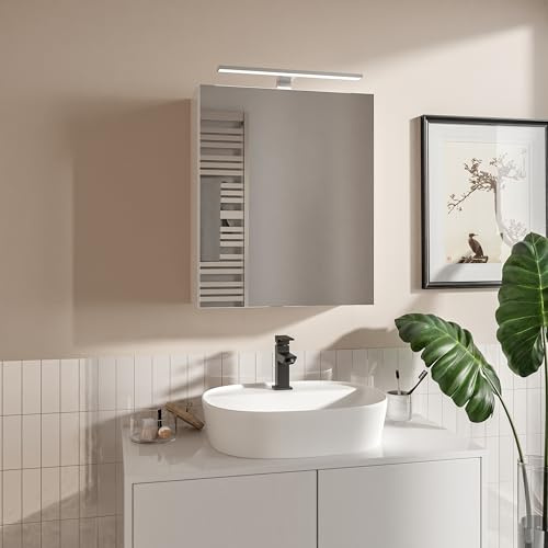 HAJDUK FURNITURE Spiegelschrank Bad 50x60 cm Weiß mit LED Beleuchtung Spiegelablage Grifflos Aufsatzleuchte mit Schwarz Gehäuse