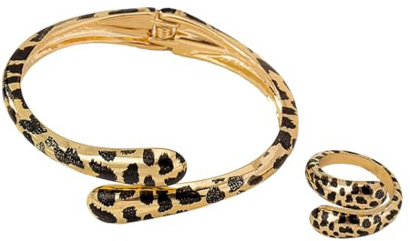 DAYLIGHE Stylish Leopard Muster Schmuck Set Verstellbares Offenes Armband Und Ringe Handgefertigtes Accessoires Für Mode Enthusiasten Leopardenmuster Armband Set