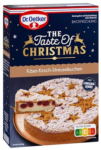 Dr. Oetker Backmischung Käse-Kirsch-Streuselkuchen – 5er Pack Kuchenbackmischung für Weihnachten, Käsekuchen mit Kirschen, Streuseln und Lebkuchengewürz