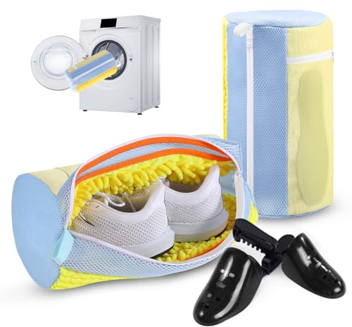 Aship Set di 2 Sacchetti per Lavare Scarpe con Alberi Regolabili, Pulizia Chenille 360°, Cerniera Nascosta, 19×39cm Giallo