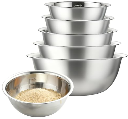 GAOUTO 5 Stück Edelstahl Schüssel Set, Edelstahl Rührschüssel in 5 Größen(0.48L/0.9L/1.6L/2.05L/2.6L), Stapelbar küchenschüssel, Metallschüssel Servierschüssel, Spülmaschinenfest Salatschüsseln