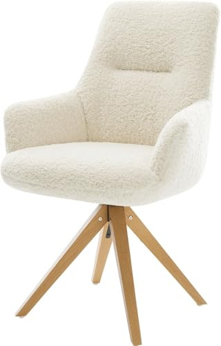 DELIFE Esszimmerstuhl Zelia-Flex mit Armlehnen Holzgestell kantig Natur Teddystoff Beige 180° drehbar Taschenfederkern