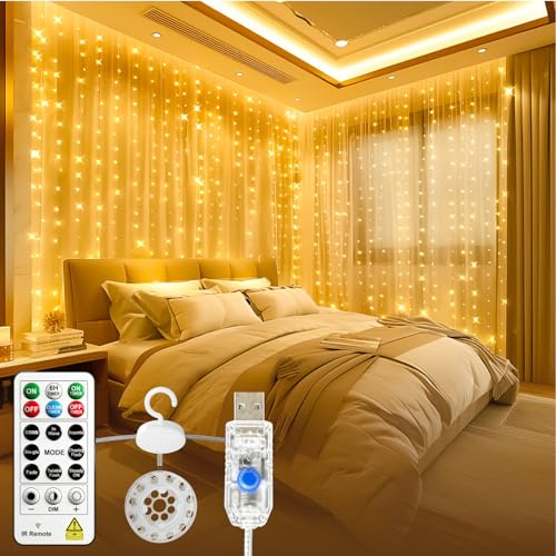 SINAMER Curtain Lights Indoor, 3m×3m 300LED Tangle-Free Curtain Fairy Light with Remote & DIY Timer, USB Plug in 8 Modes Hanging Twinkle String Lights for Bedroom Christmas Wedding Party,Warm White