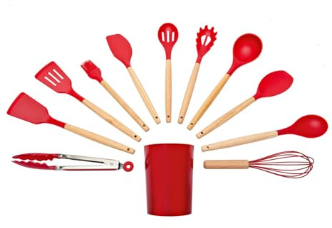 Basilico® Küchenhelfer 12-teilig Silikon rot – Kochbesteck in rot - vielfältiges Kochbesteck – spülmaschinenfest für hygienische Reinigung – kratzsicher & temperaturbeständig – mit Aufbewahrungstopf