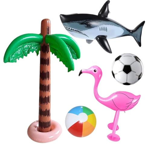 5PCS Hawaiian Party Decorations, Durable Inflatable Palm Tree, Inflatable Flamingo, Full of Fun Beach Inflatables Decorations Backdrop Outdoor Party Supplies (Multicolored)