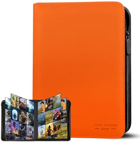 Sammelkarten Album für bis zu 540 Karten, 9 Taschen Sammelalbum | Sammelkartenalbum mit 30 Seiten Side Loading, Karten Ordner aus PU-Leder mit Reißverschluss, für Kinder & Sammler (Orange)