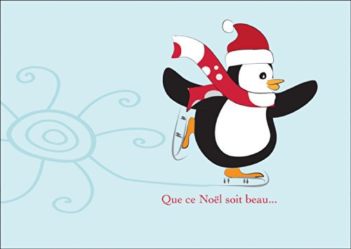 Französische Weihnachtskarte/Geschenkkarte zu Weihnachten/Klappkarte zum Weihnachtsfest mit Schlittschuh laufendem Pinguin und Eisblume: Que ce Noël soit beau…