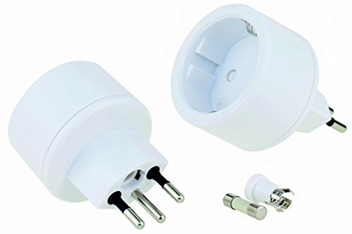 Reise-Adapter für die Schweiz mit Erde und mit Kinderschutz ! mit auswechselbarer 10 A-Sicherung NEU: mit teilisolierten Kontakten Das Gerät ist KEIN Spannungswandler