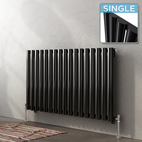 iBathUK Strata Wall-Mounted Horizontal Single Oval Panel Radiator, 17 Column Steel High Thermal Output Hydronic Central Heating, Designer Modern Radiator in Gloss Black, 600 × 1003mm
