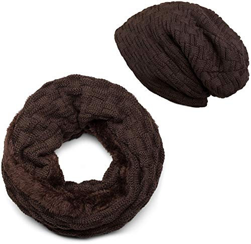 styleBREAKER Strick Loop Schal und Beanie Mütze Set mit Flecht Muster, Fleece Innenfutter, Winter, Unisex 01018211, Farbe:Dunkelbraun