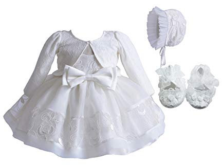 Cinda Baby Girls Ivory Lace Christening Party Dress Bonnet with Bolero and Shoes 0-3 Months