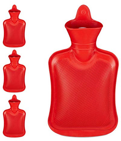 Relaxdays 4 x Wärmflasche 1 Liter, langlebig, sichere Wärmeflasche, Bettflasche ohne Bezug, geruchsneutraler Naturgummi, rot
