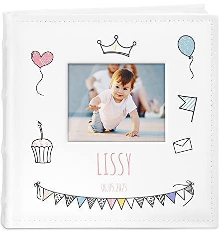 Maverton Einsteckalbum + mit Aufdruck - für 200 Fotos 10x15-100 weiße Seiten - Größe 21x22cm - Weiß - Geschenk für Kind zur Geburt Taufe zum Geburtstag - Party
