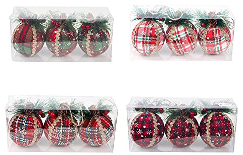 QLINDGK 12 Stück Weihnachtskugel-Ornamente – 7,9 cm schwarz & rot Büffel Plaid Stoff Ball Ornamente mit Tannenzapfen und Grünen, karierte Weihnachtsbaumkugeln zum Aufhängen, festliche Dekorationen