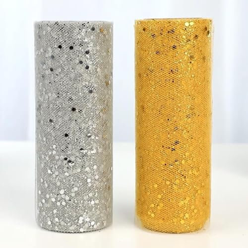 LdawyDE Tüll Stoff, 2 Stück Tüllstoff Deko, Glitter Tüll Rollen, schön und stylisch, geeignet für die DIY-Produktion von Kleidung, Artikelverpackung und Dekoration (Gold + Silber)