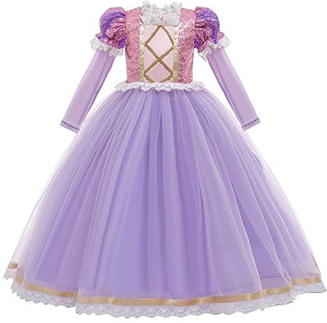 FYMNSI Mädchen Prinzessin Kostüm Kinder Cosplay Pailletten Langarm Langes Kleid für Karneval Fasching Halloween Weihnachten Geburtstag Party Ankleiden Verkleidung Lila 3-4 Jahre