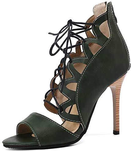 XINXINIO Frauen Sexy Schnür-Stilettos Riemchensandalen mit Reißverschluss Hinten (Grün,37)