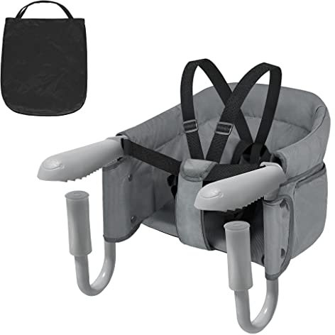 UISEBRT Tischsitz Faltbar Babysitz Hochstuhl Baby Sitzerhöhung Kindersitz mit Anti-Rutsch-Klemmen und Sicherheitsgurt, Tragbarer Hochstuhl Kinder Reisestuhl für zu Hause und Unterwegs, Grau