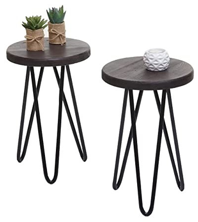 Mendler 2er-Set Beistelltisch HWC-A80, Nachttisch Kaffeetisch, Industrial Echtholz Ø25cm - Dunkelbraun