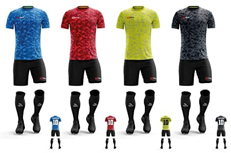 Trikotsatz 14x Trikot + Hose + Stutzen inkl. Name + Nummer 4 Farben & alle Größen, Farbe: Rot, Größe: M/L