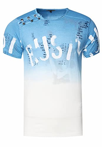 Herren T-Shirt mit Seitlicher Knopfleiste Verwaschen mit Farbverlauf Rundhals Stretch Herren-T-Shirt Casual Fit 288, Farbe:Blau, Größe S-XXL:S