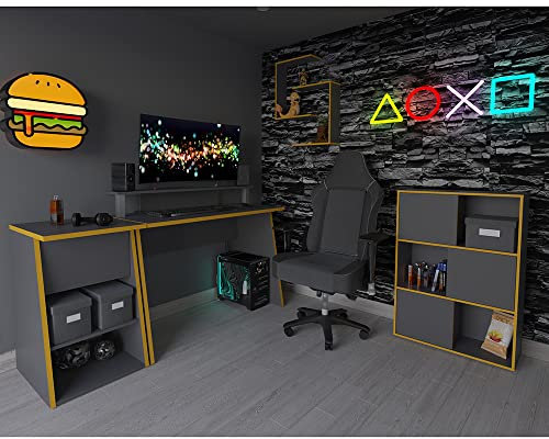 Lomadox Jugendzimmer Set, 4 teilig mit Gaming-Tisch, in anthrazit mit orangener Kante (Set bestehend aus Schreibtisch, Regal, Wandregal und Aktenschrank)
